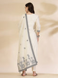 Off White Cotton Jacquard Kurta Set with Sequins Work and Dupatta