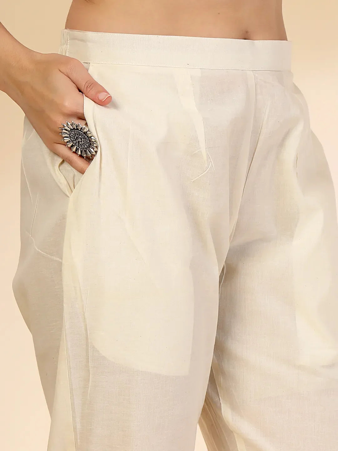 Off White Cotton Jacquard Kurta Set with Sequins Work and Dupatta