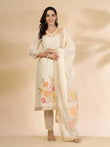 Off-White Handloom Cotton Jacquard Kurta Set with Thread Work, Pant & Dupatta