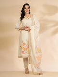 Off-White Handloom Cotton Jacquard Kurta Set with Thread Work, Pant & Dupatta
