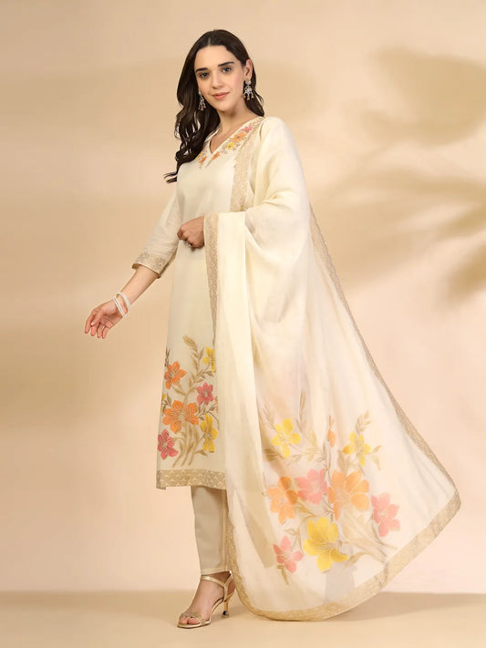 Off-White Handloom Cotton Jacquard Kurta Set with Thread Work, Pant & Dupatta