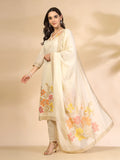 Off-White Handloom Cotton Jacquard Kurta Set with Thread Work, Pant & Dupatta
