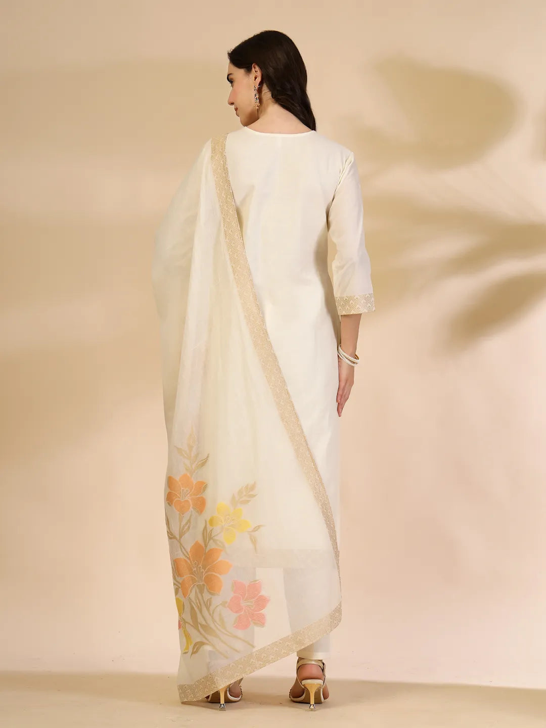 Off-White Handloom Cotton Jacquard Kurta Set with Thread Work, Pant & Dupatta