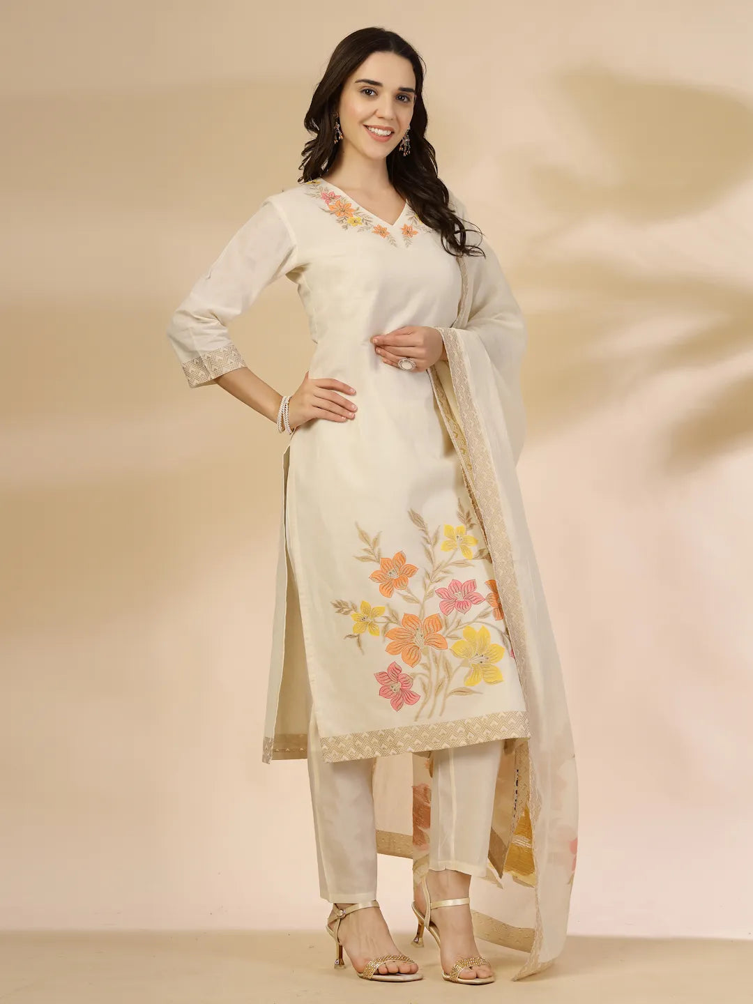 Off-White Handloom Cotton Jacquard Kurta Set with Thread Work, Pant & Dupatta