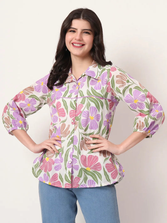 Multi Color Cotton Mandarin Collar Shirt Style Top for Women
