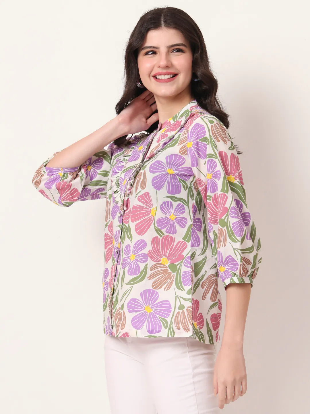 Multi Color Cotton Shirt Collar Shirt Style Top for Daily Wear