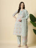 Stylish Sea Green Pure Cotton Kurta Dupatta Pant Set with Floral Thread Work