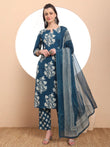 Teal Blue Cotton Block Print Straight Kurta Set Latest Design