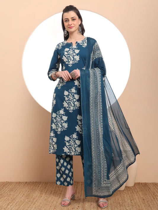 Teal Blue Cotton Block Print Straight Kurta Set Latest Design
