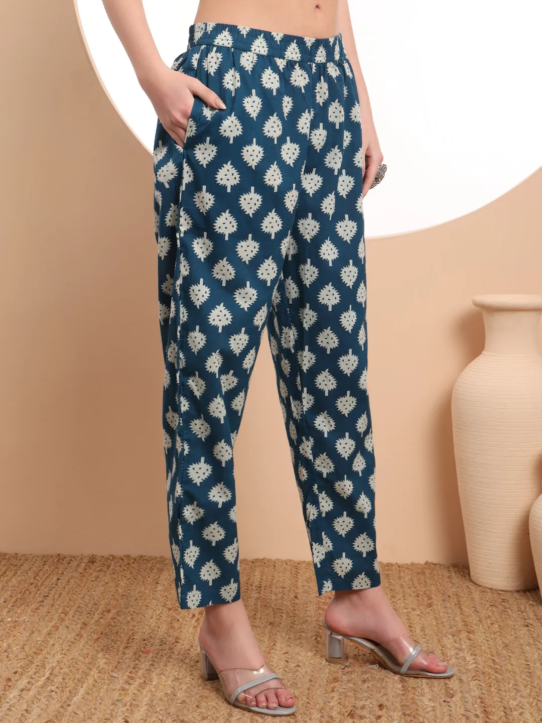 Teal Blue Cotton Block Print Straight Kurta Set Latest Design