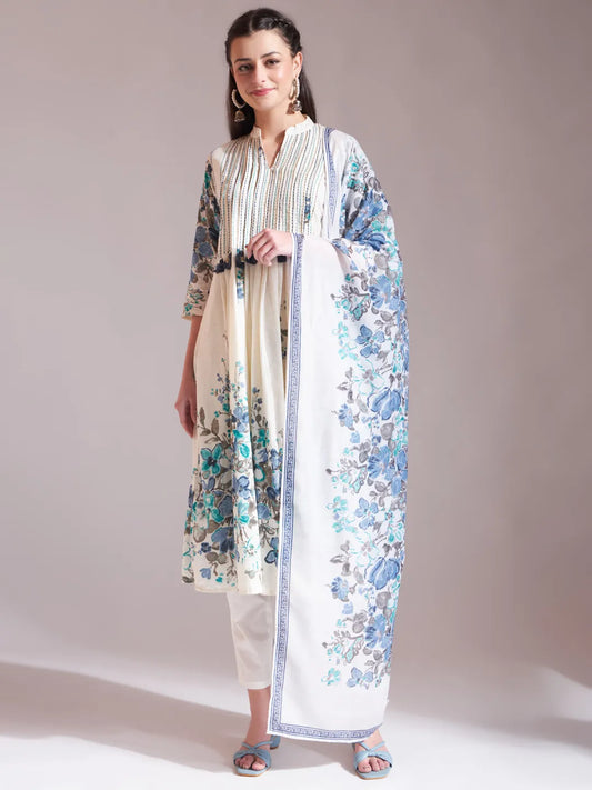 Premium Blue Tassel Work Flared Kurta Dupatta Set in Soft Mul Cotton