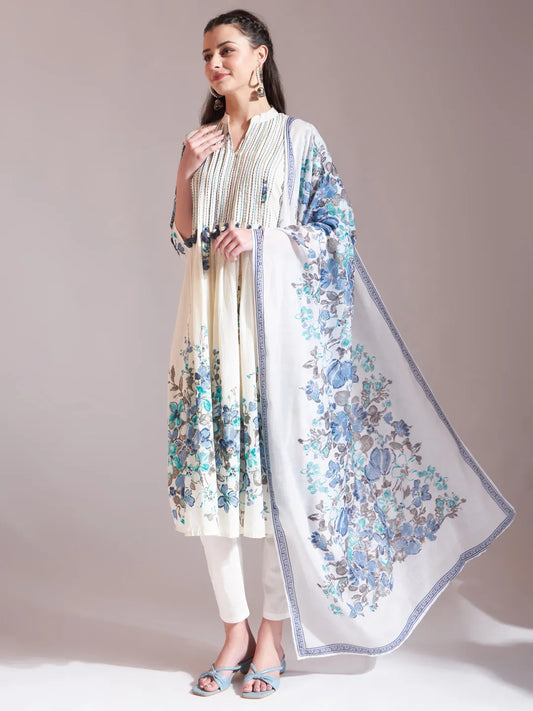 Premium Blue Tassel Work Flared Kurta Dupatta Set in Soft Mul Cotton