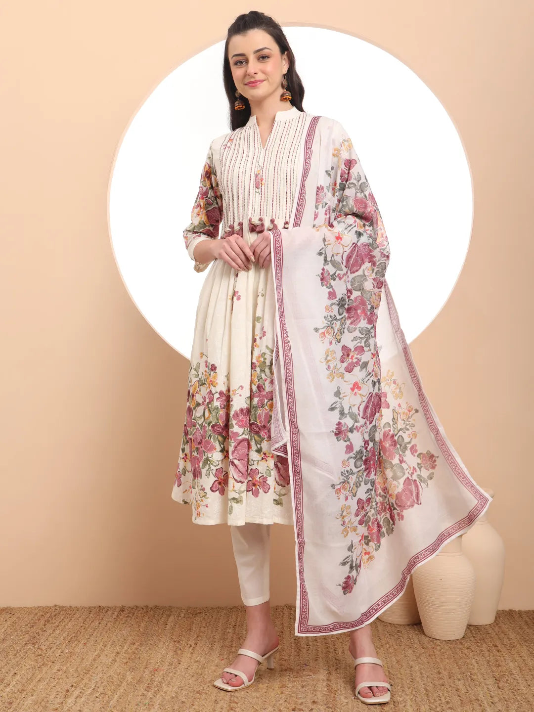 Stylish Premium Mul Cotton Pink Tassel Work Flared Kurta Dupatta Pant Set