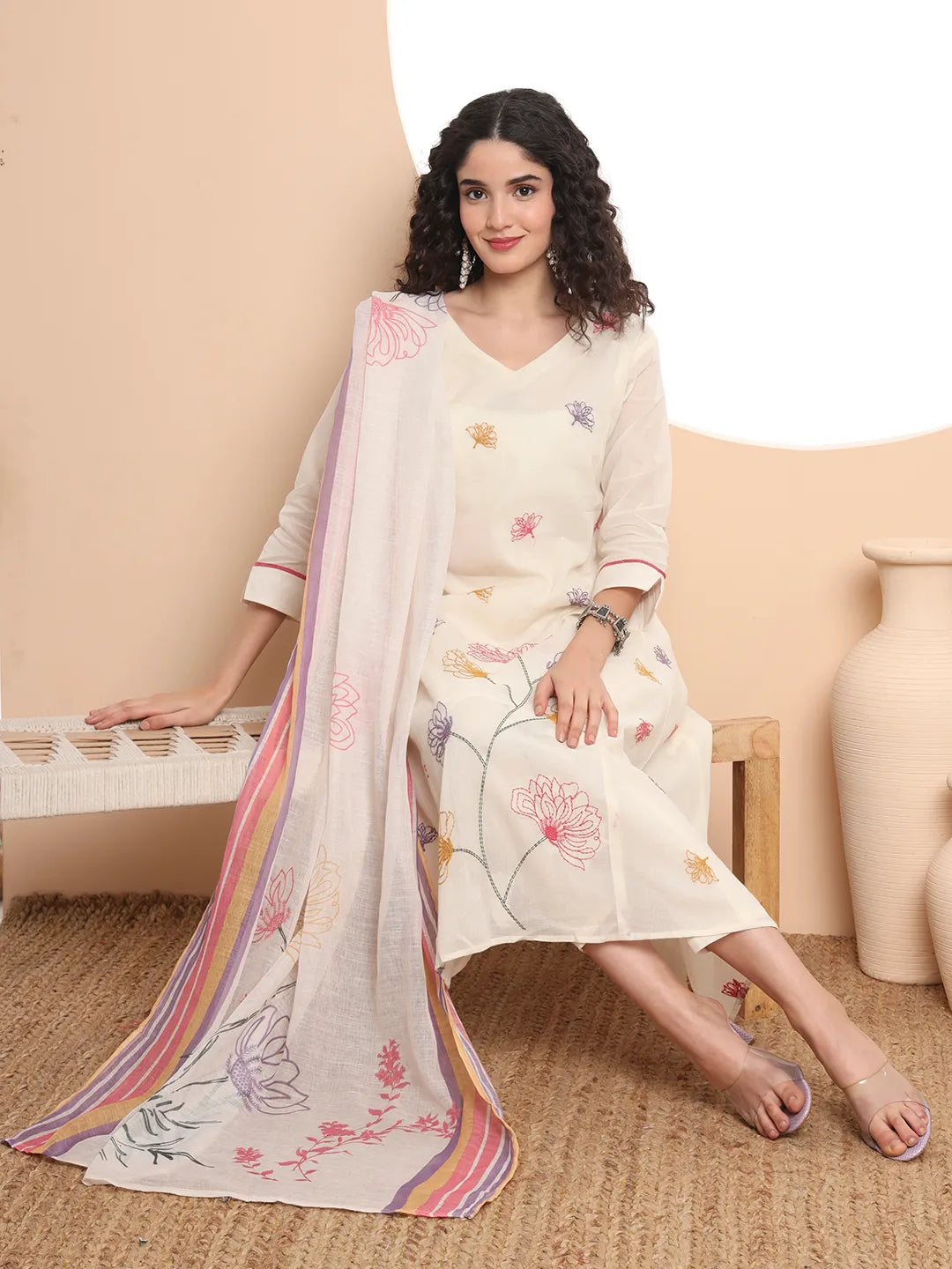 White A Line Cotton Kurta Pant Set with Dupatta for Women