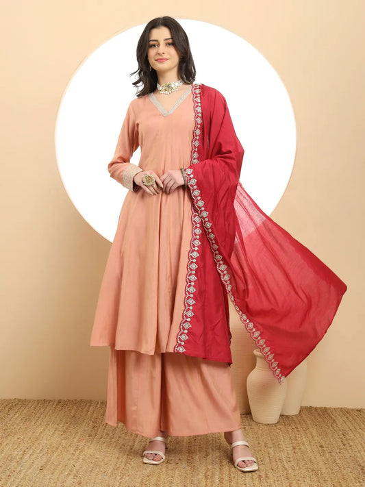 Peach Silk Anarkali Kurta Palazzo Set with Dupatta Wedding Special