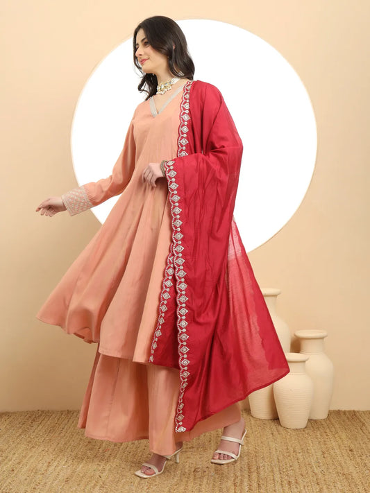 Peach Silk Anarkali Kurta Palazzo Set with Dupatta Wedding Special