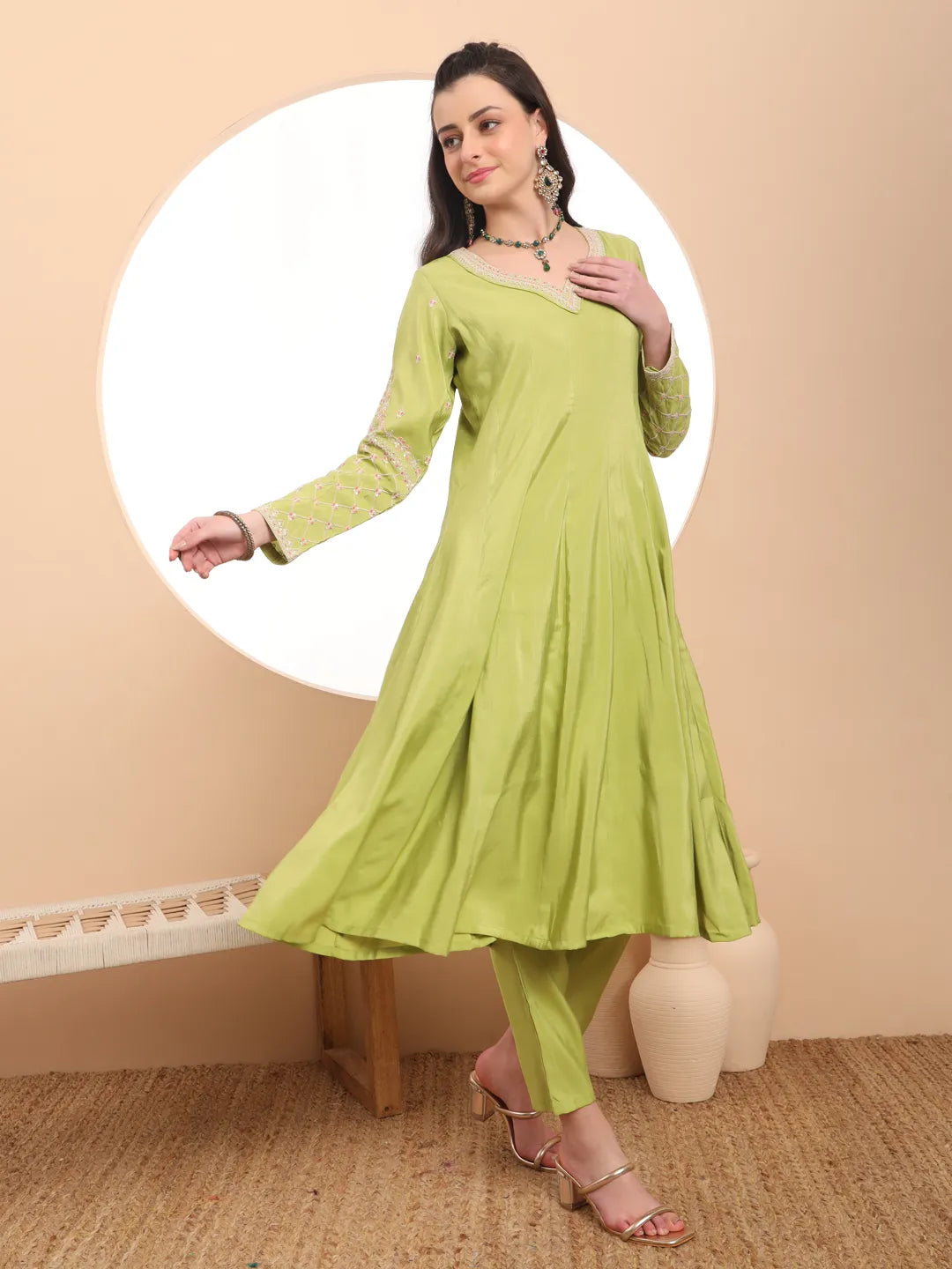 Green Silk Dori Embroidery Anarkali Kurta Dupatta Pant Set Party Wear