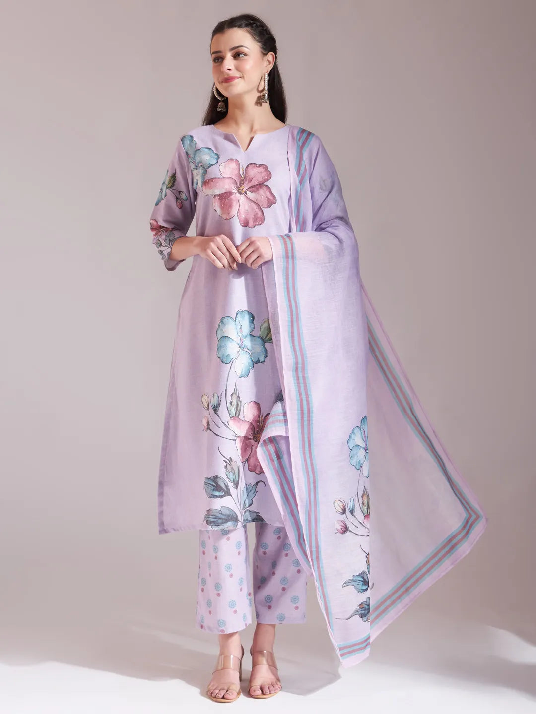 Luxurious Lavender Linen Cotton A-Line Kurta Dupatta Set with Floral Sequins Work
