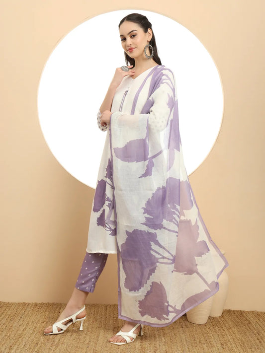 Trendy Purple and White Linen Cotton Straight Kurta Dupatta Set
