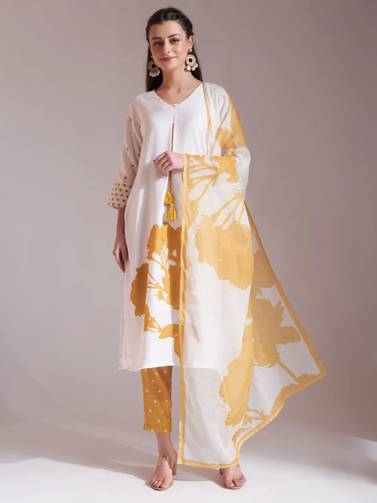 Radiant Yellow and White Linen Cotton Straight Kurta Dupatta Set for a Festive Feel