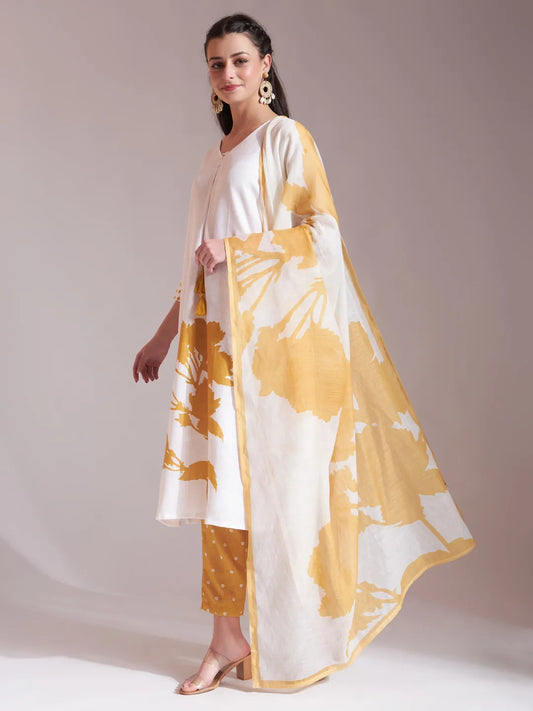 Radiant Yellow and White Linen Cotton Straight Kurta Dupatta Set for a Festive Feel
