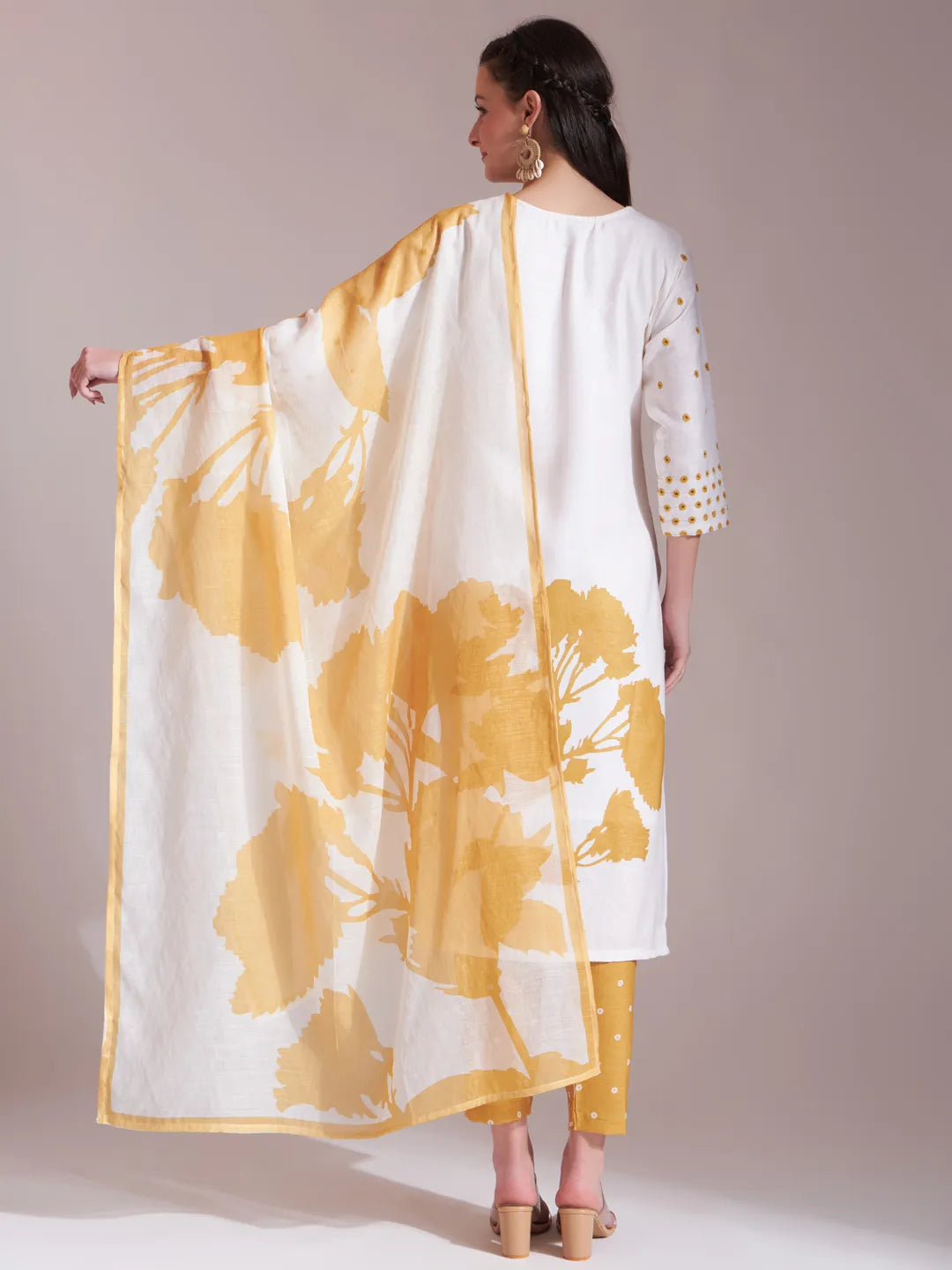 Radiant Yellow and White Linen Cotton Straight Kurta Dupatta Set for a Festive Feel