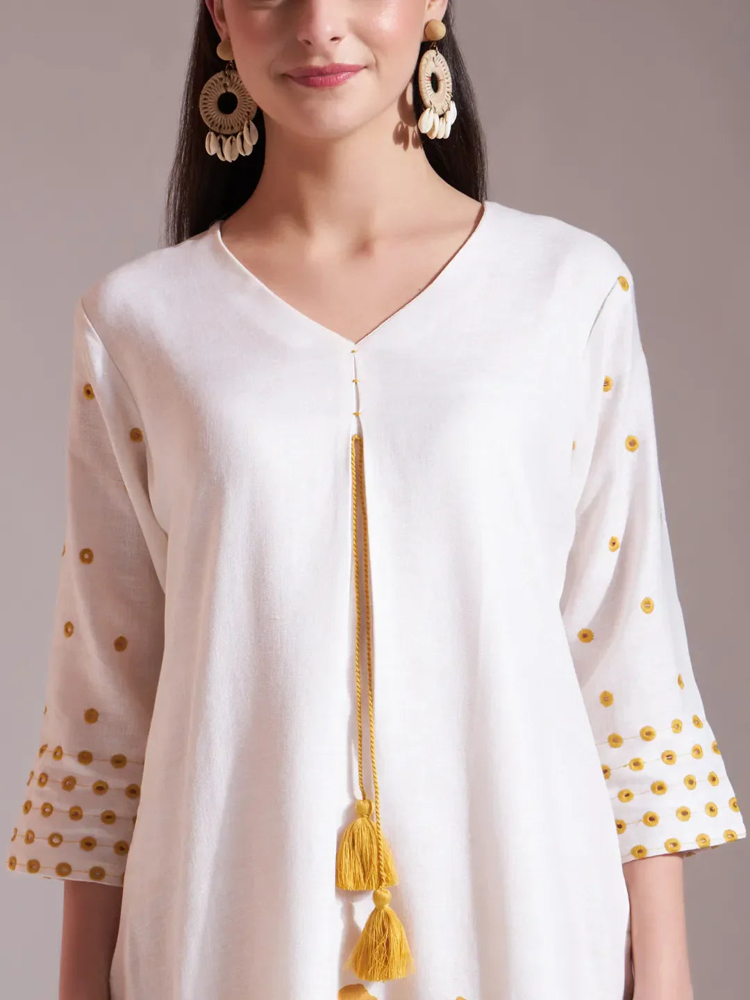 Radiant Yellow and White Linen Cotton Straight Kurta Dupatta Set for a Festive Feel