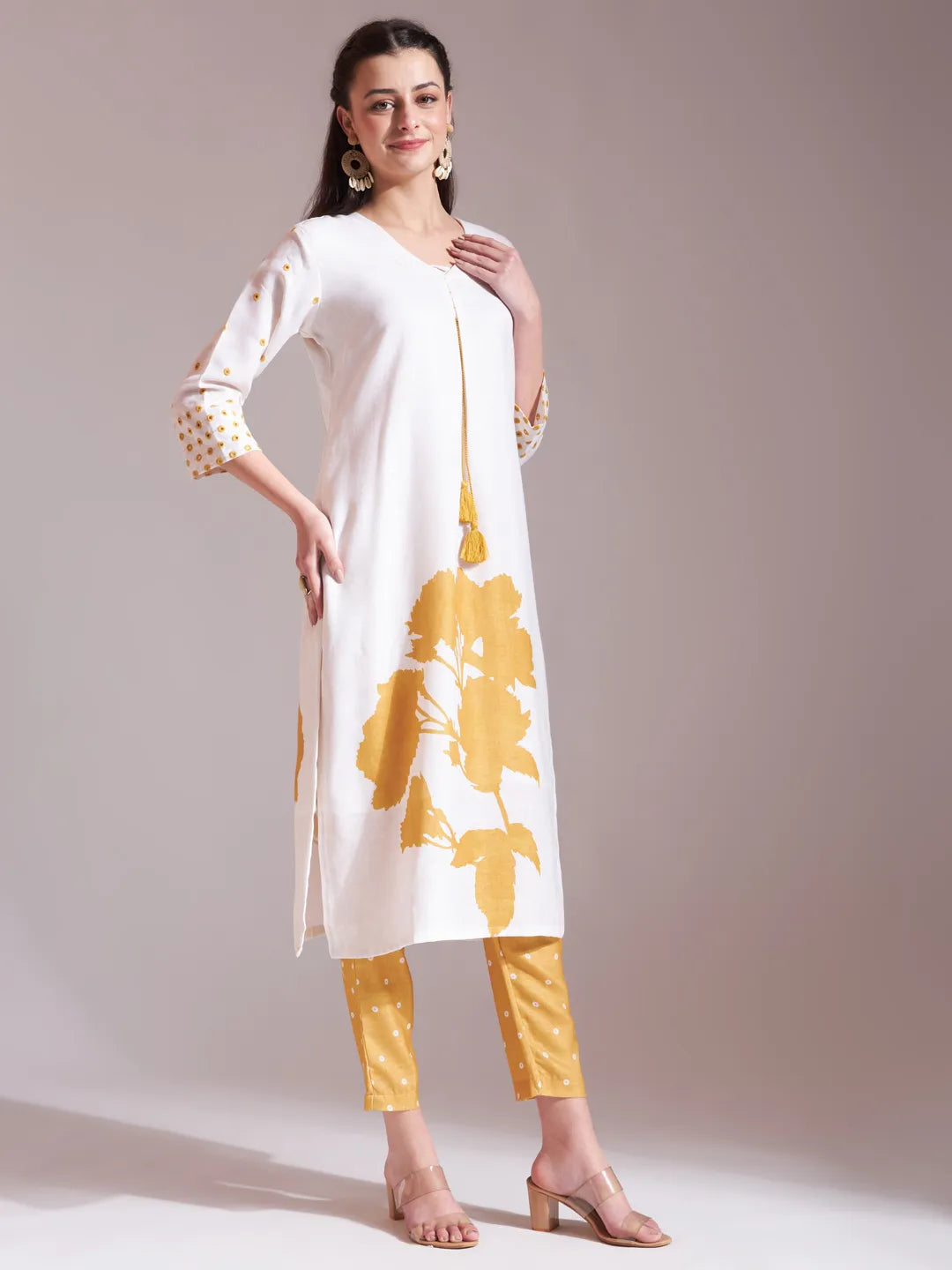 Radiant Yellow and White Linen Cotton Straight Kurta Dupatta Set for a Festive Feel