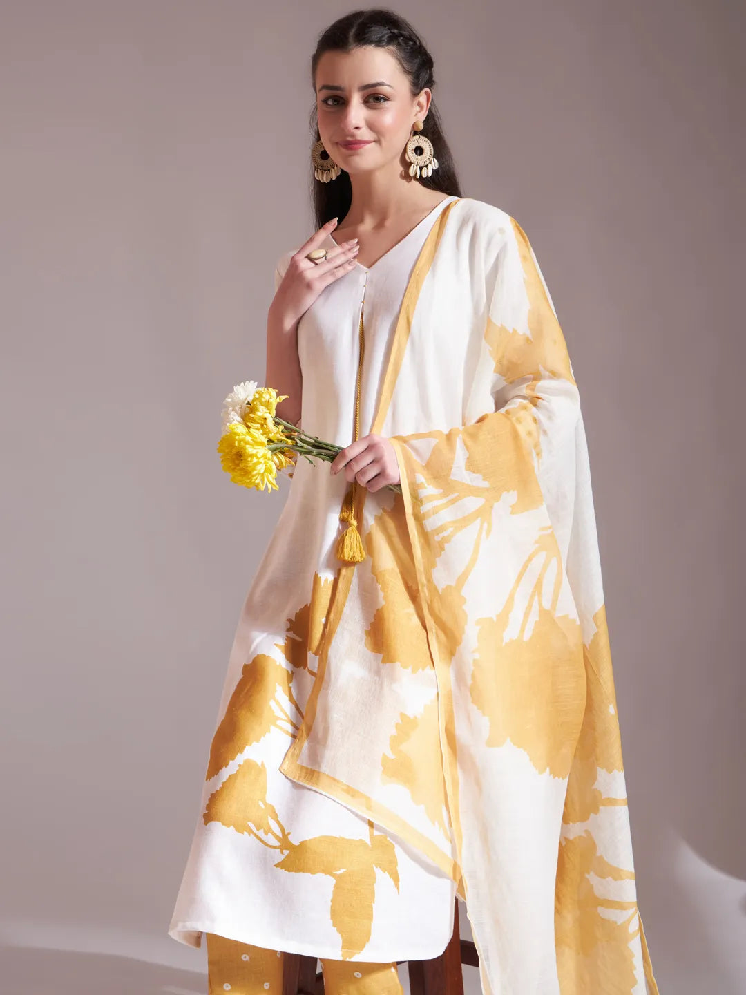 Radiant Yellow and White Linen Cotton Straight Kurta Dupatta Set for a Festive Feel