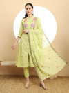 Graceful Green Pure Cotton A-Line Embroidered Kurta Dupatta Set
