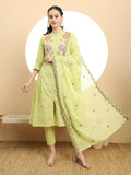 Graceful Green Pure Cotton A-Line Embroidered Kurta Dupatta Set