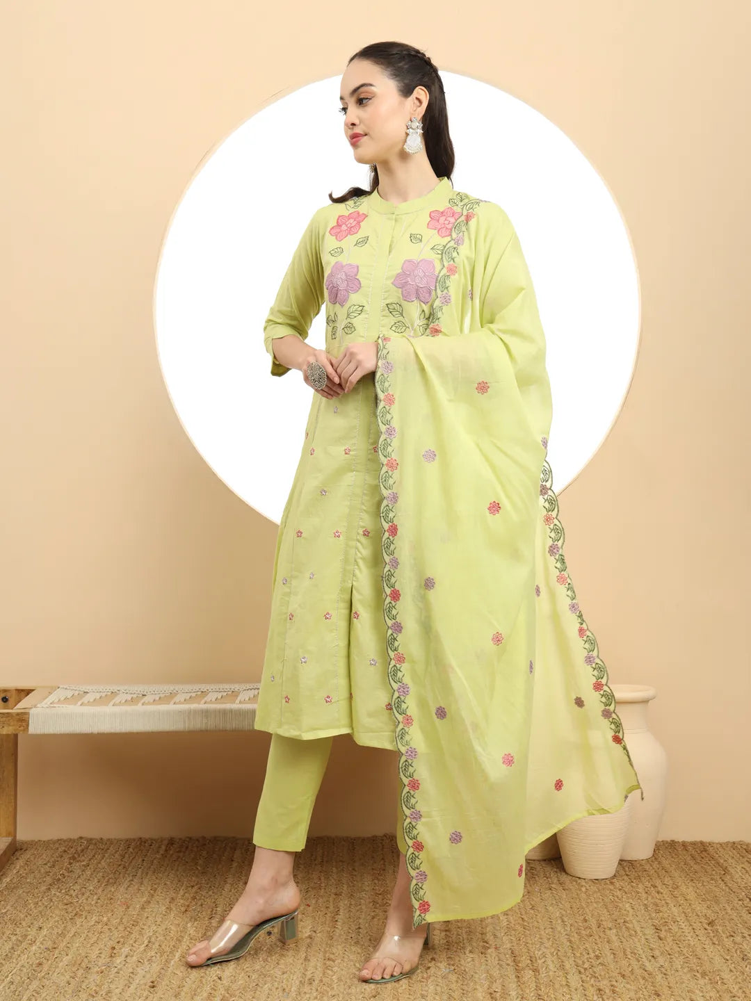 Graceful Green Pure Cotton A-Line Embroidered Kurta Dupatta Set