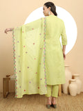 Graceful Green Pure Cotton A-Line Embroidered Kurta Dupatta Set