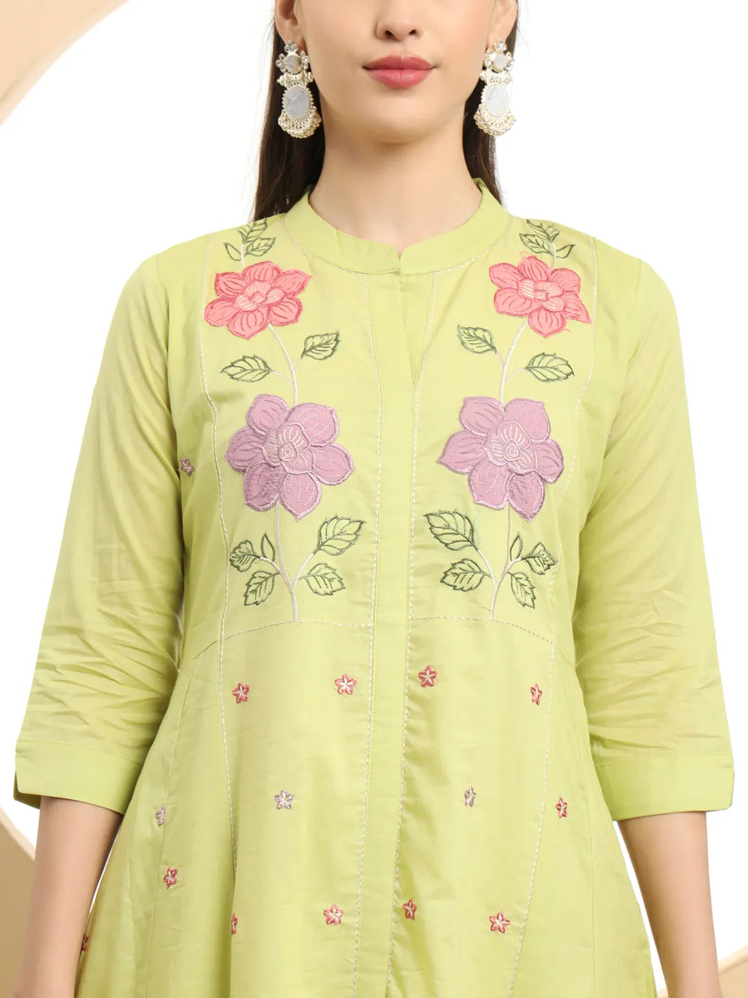 Graceful Green Pure Cotton A-Line Embroidered Kurta Dupatta Set