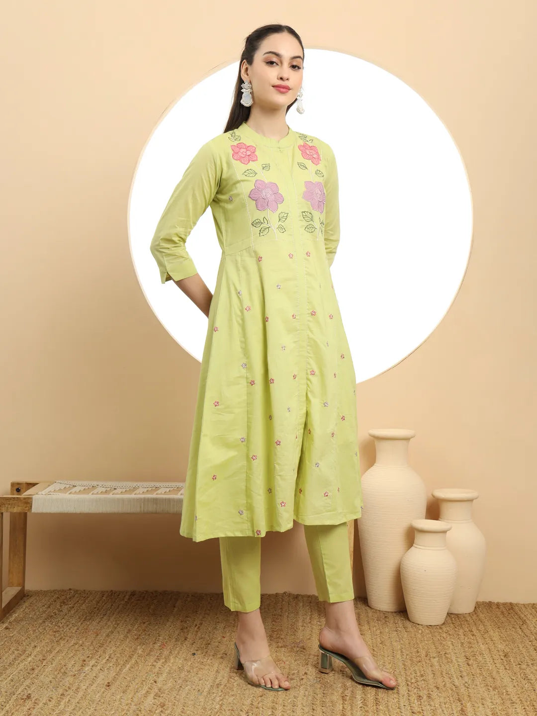 Graceful Green Pure Cotton A-Line Embroidered Kurta Dupatta Set