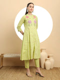 Graceful Green Pure Cotton A-Line Embroidered Kurta Dupatta Set