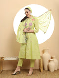 Graceful Green Pure Cotton A-Line Embroidered Kurta Dupatta Set