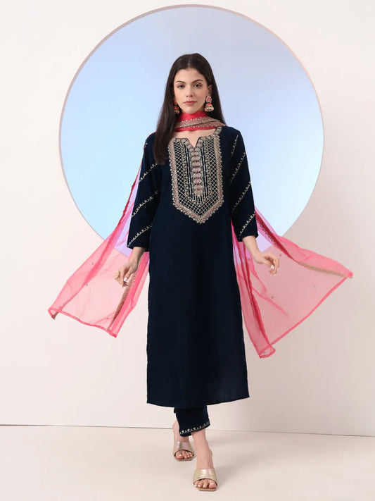 Navy Blue Velvet Zari_Work Kurta Trouser Dupatta Set-Yufta Store-6927SKDNBS
