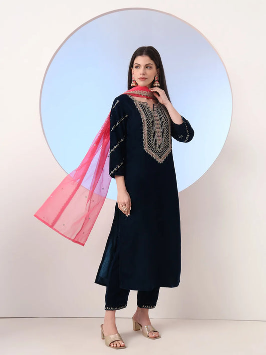 Navy Blue Velvet Zari_Work Kurta Trouser Dupatta Set-Yufta Store-6927SKDNBS