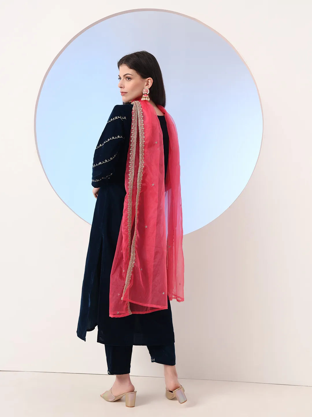 Navy Blue Velvet Zari_Work Kurta Trouser Dupatta Set-Yufta Store-6927SKDNBS
