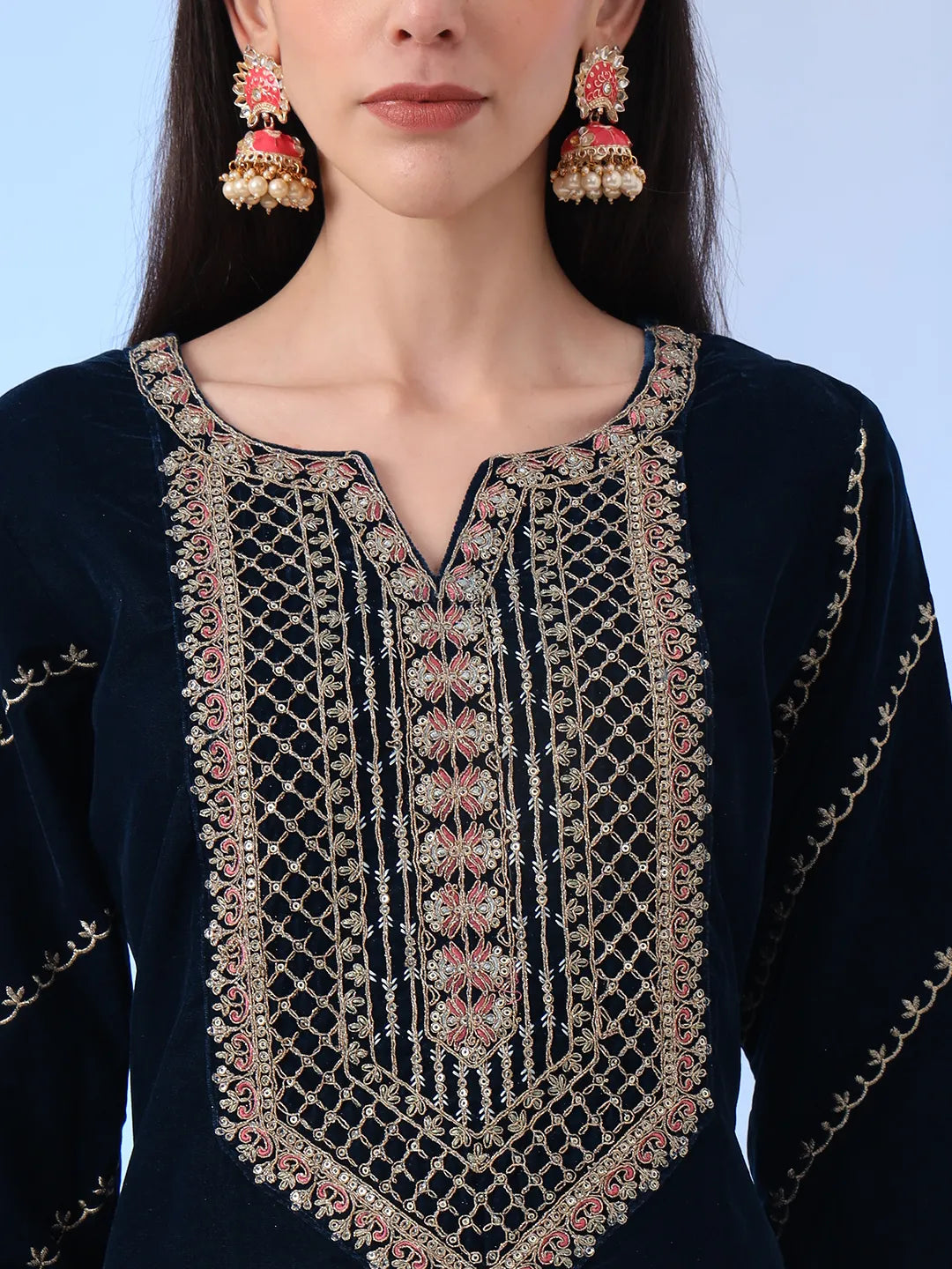 Navy Blue Velvet Zari_Work Kurta Trouser Dupatta Set-Yufta Store-6927SKDNBS