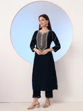 Navy Blue Velvet Zari_Work Kurta Trouser Dupatta Set-Yufta Store-6927SKDNBS