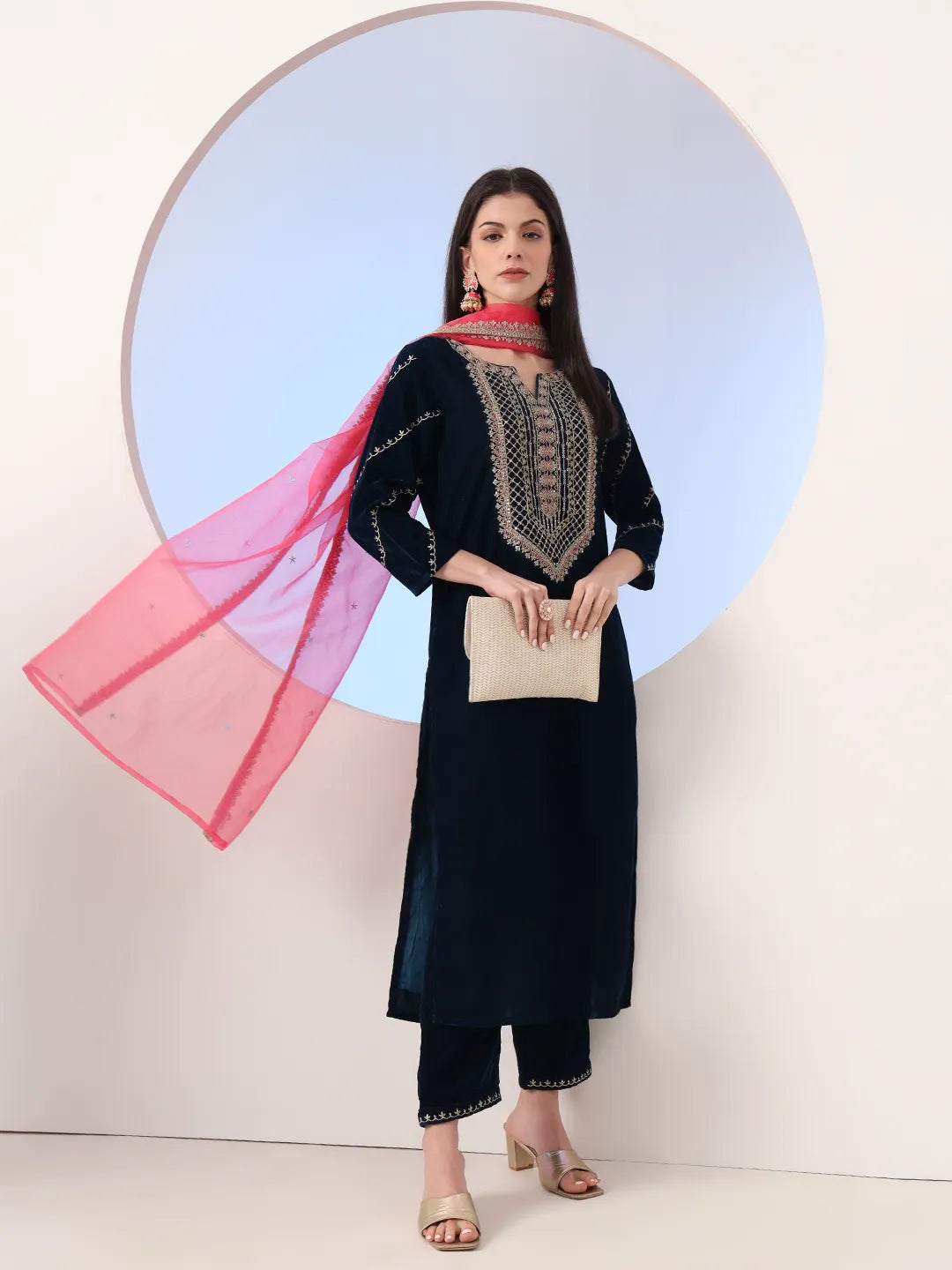 Navy Blue Velvet Zari_Work Kurta Trouser Dupatta Set-Yufta Store-6927SKDNBS