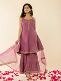 Glamorous Purple Sleeveless Thread Work Kurta with Sharara & Dupatta Set