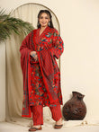 Red Pure Cotton Sequin Work Kurta Dupatta Pant Set with Hand Embroidery