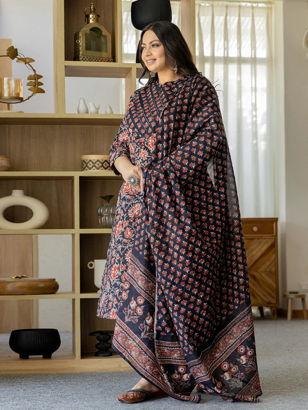 Pure Cotton Black Plus Size Kurta Pant Dupatta Set – Comfortable Fit