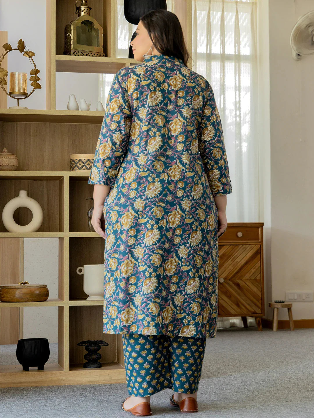 Handcrafted Teal Green Pure Cotton Kurta Pant Dupatta Set with Handwork