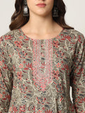 Chic Pink and Gray Cotton Anarkali Kurta Pant Set with Dori Embroidery