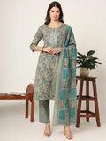 Fresh Teal Blue and Grey Cotton Kurta Pant Set with Dori Embroidery and Dupatta