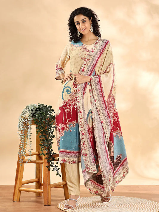 Beige Silk Crepe Cutdana_Work Straight Kurta Dupatta Pant Set-Yufta Store-8116SKDBGM